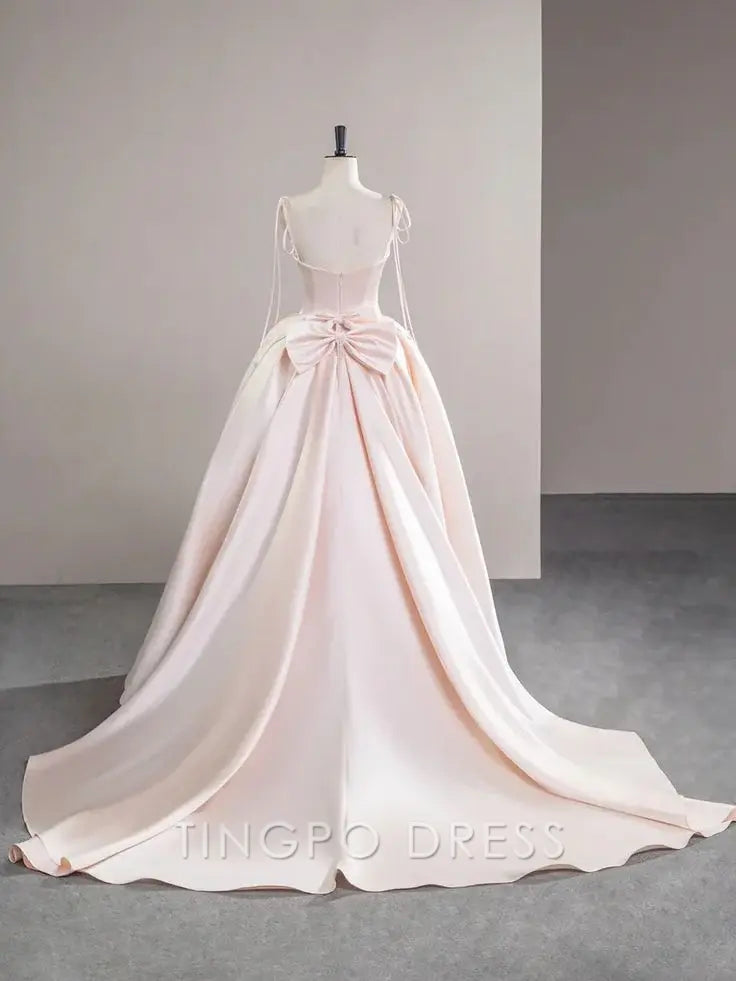 TingPo Wholesale Light Pink Satin Spaghetti Strap Long Prom Dress Beautiful Evening Dress with Bow